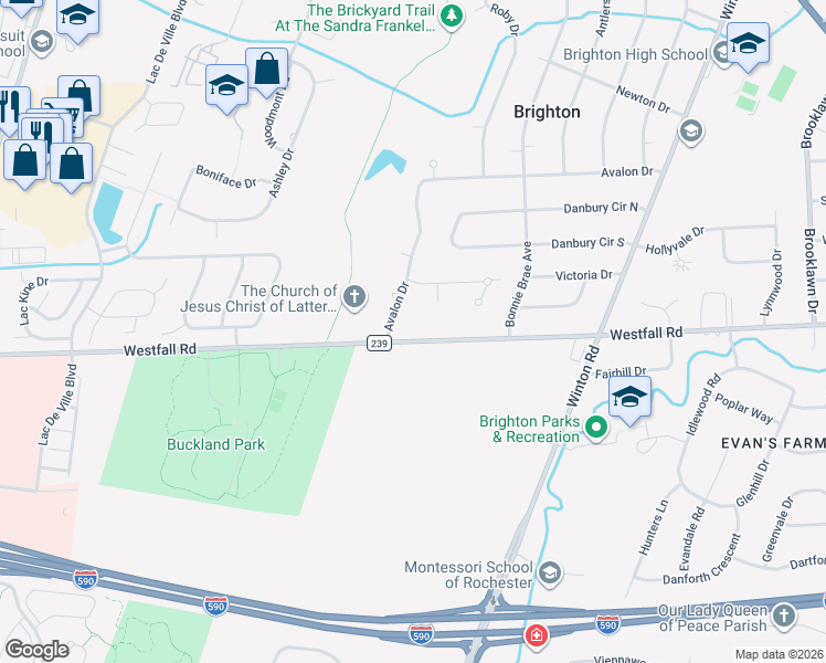 map of restaurants, bars, coffee shops, grocery stores, and more near 1480 Westfall Road in Rochester