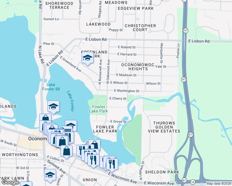 map of restaurants, bars, coffee shops, grocery stores, and more near 629 E Washington St in Oconomowoc