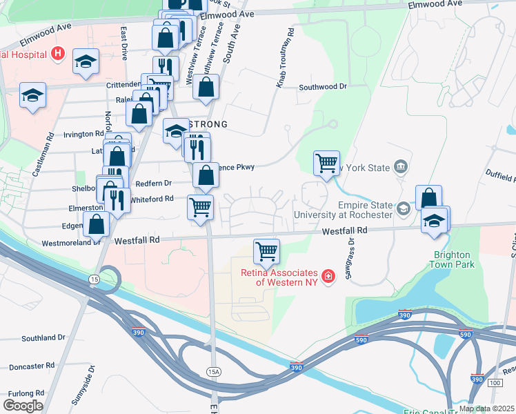 map of restaurants, bars, coffee shops, grocery stores, and more near 75 Green Knolls Drive in Rochester