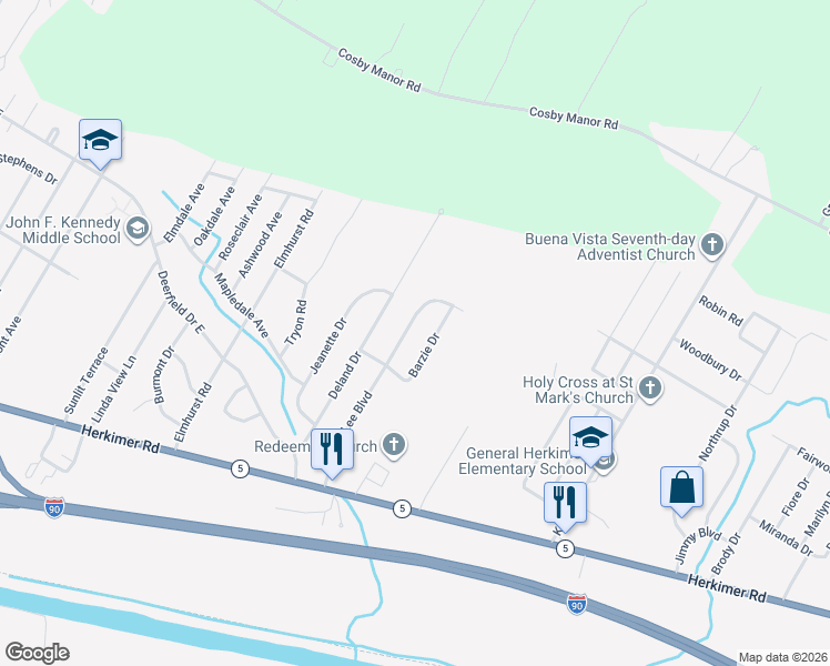 map of restaurants, bars, coffee shops, grocery stores, and more near 446 Lee Boulevard in Utica