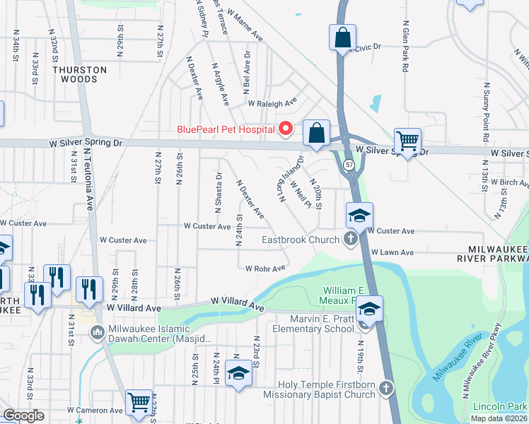 map of restaurants, bars, coffee shops, grocery stores, and more near 5439 North Dexter Avenue in Glendale
