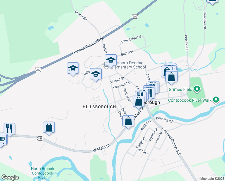map of restaurants, bars, coffee shops, grocery stores, and more near 63 Church Street in Hillsboro