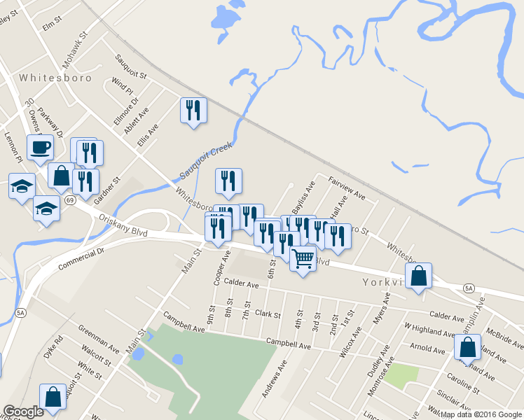 map of restaurants, bars, coffee shops, grocery stores, and more near 128 Whitesboro Street in Yorkville