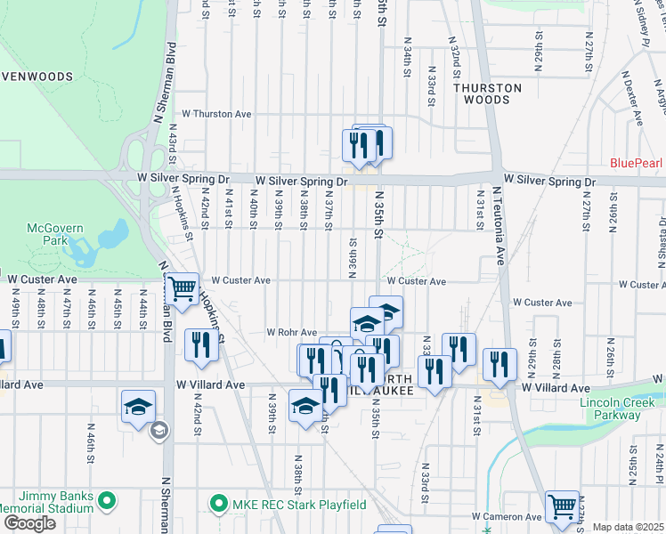 map of restaurants, bars, coffee shops, grocery stores, and more near 5418 North 37th Street in Milwaukee