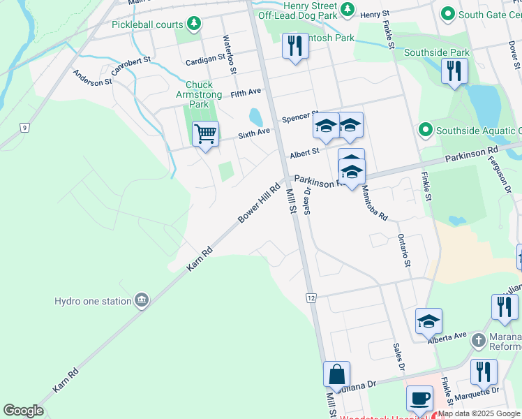 map of restaurants, bars, coffee shops, grocery stores, and more near 222 Bower Hill Road in Woodstock