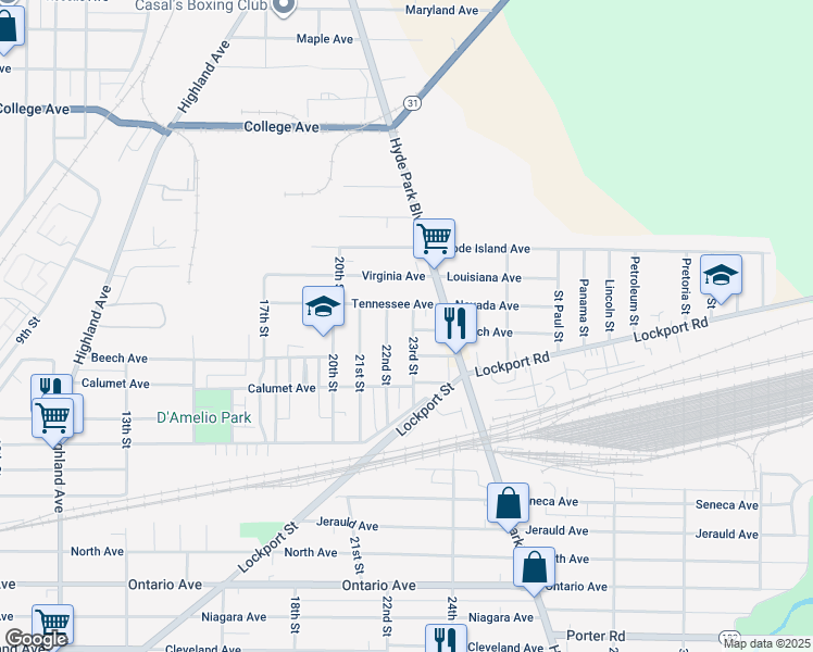 map of restaurants, bars, coffee shops, grocery stores, and more near 3102 23rd Street in Niagara Falls