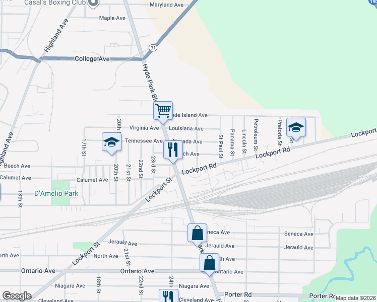 map of restaurants, bars, coffee shops, grocery stores, and more near 2932 Birch Avenue in Niagara Falls