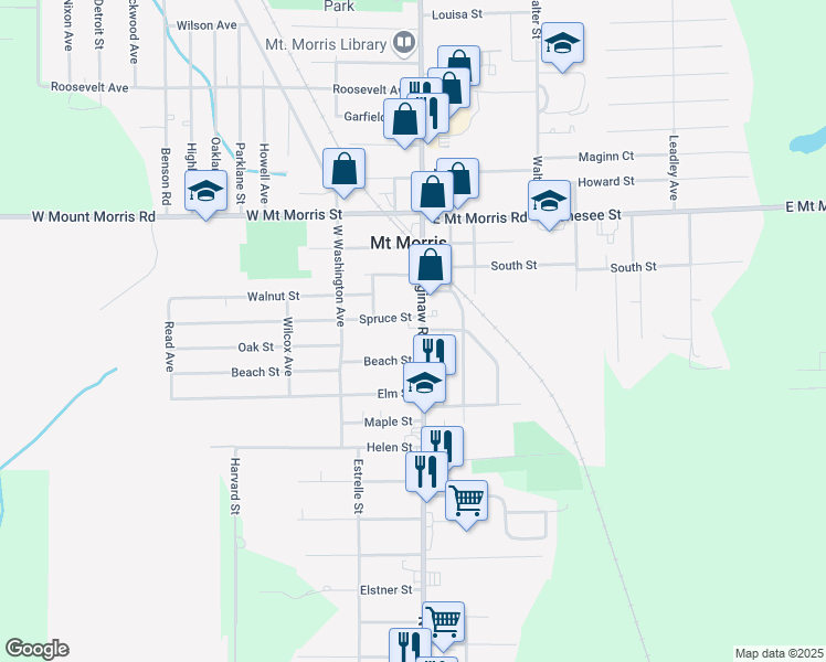 map of restaurants, bars, coffee shops, grocery stores, and more near 666 Spruce Street in Mount Morris