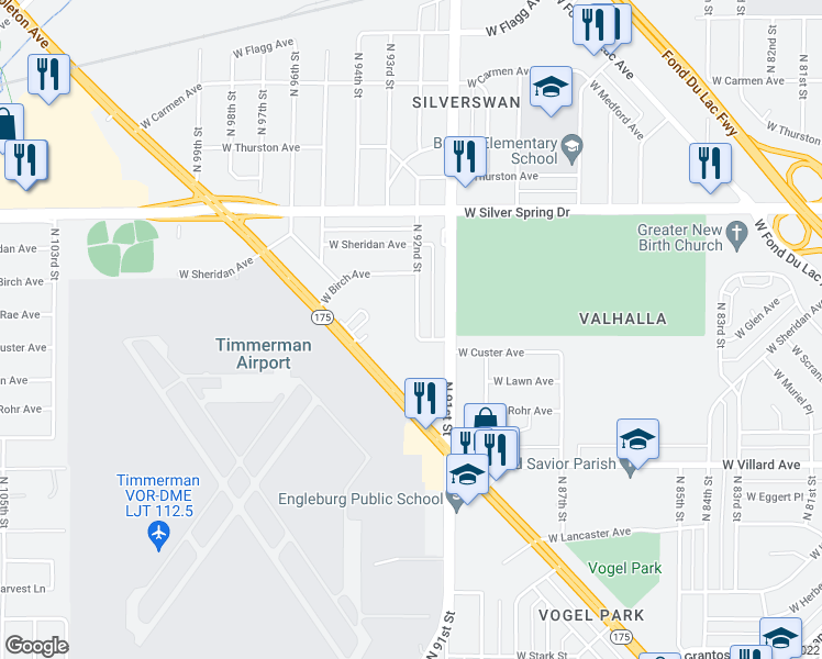 map of restaurants, bars, coffee shops, grocery stores, and more near 5403 North 92nd Street in Milwaukee