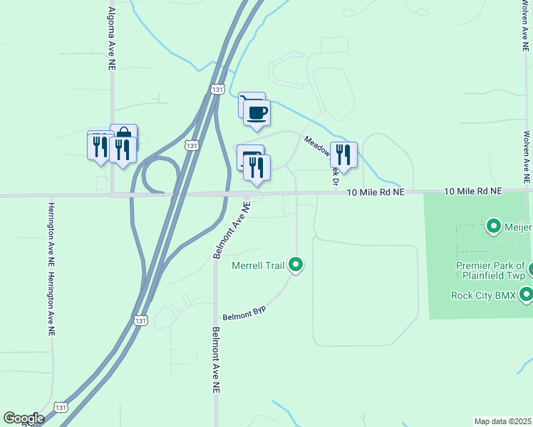 map of restaurants, bars, coffee shops, grocery stores, and more near 8390 Belmont Avenue Northeast in Plainfield charter Township