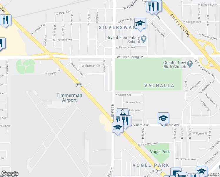 map of restaurants, bars, coffee shops, grocery stores, and more near 5411 North 91st Street in Milwaukee