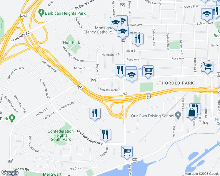 map of restaurants, bars, coffee shops, grocery stores, and more near 23 Julie Drive in Thorold