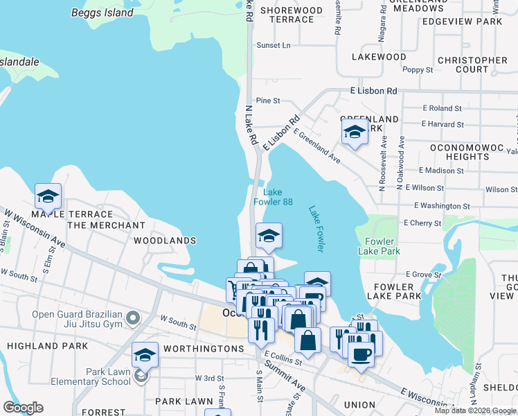 map of restaurants, bars, coffee shops, grocery stores, and more near 430 North Lake Road in Oconomowoc