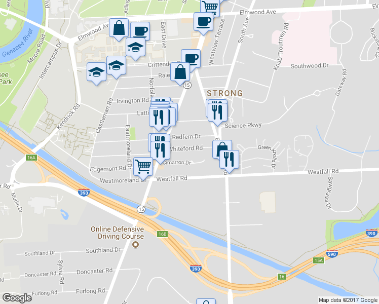 map of restaurants, bars, coffee shops, grocery stores, and more near 77 Whiteford Road in Rochester