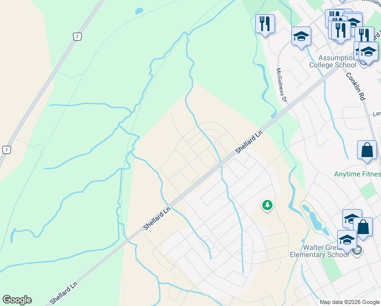 map of restaurants, bars, coffee shops, grocery stores, and more near 1 Dore Drive in Brantford