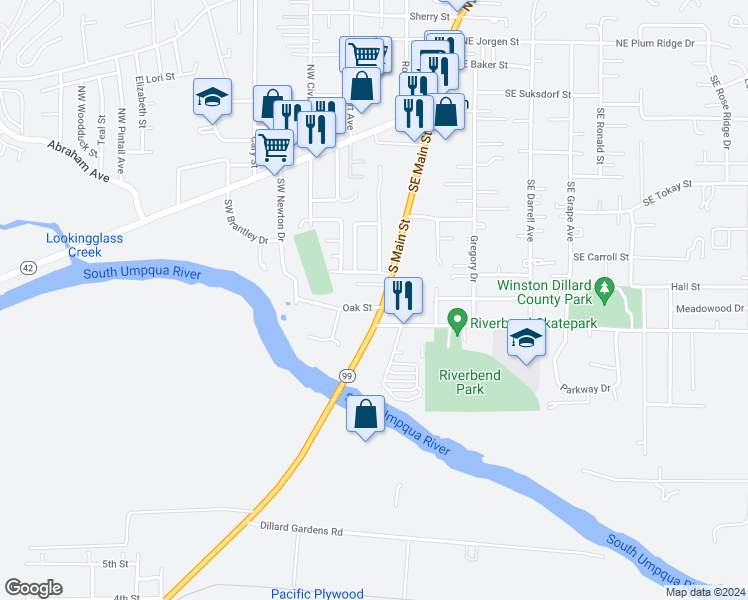 map of restaurants, bars, coffee shops, grocery stores, and more near 11 Oak Street in Winston