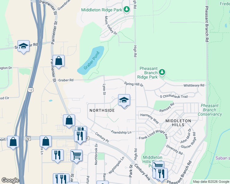 map of restaurants, bars, coffee shops, grocery stores, and more near 7213 Knoll Court in Middleton
