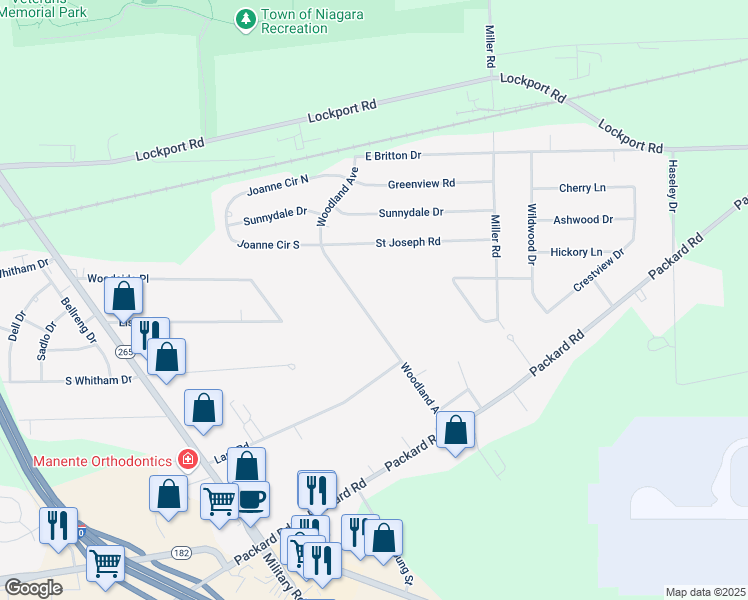 map of restaurants, bars, coffee shops, grocery stores, and more near 3221 Woodland Ave in Niagara Falls