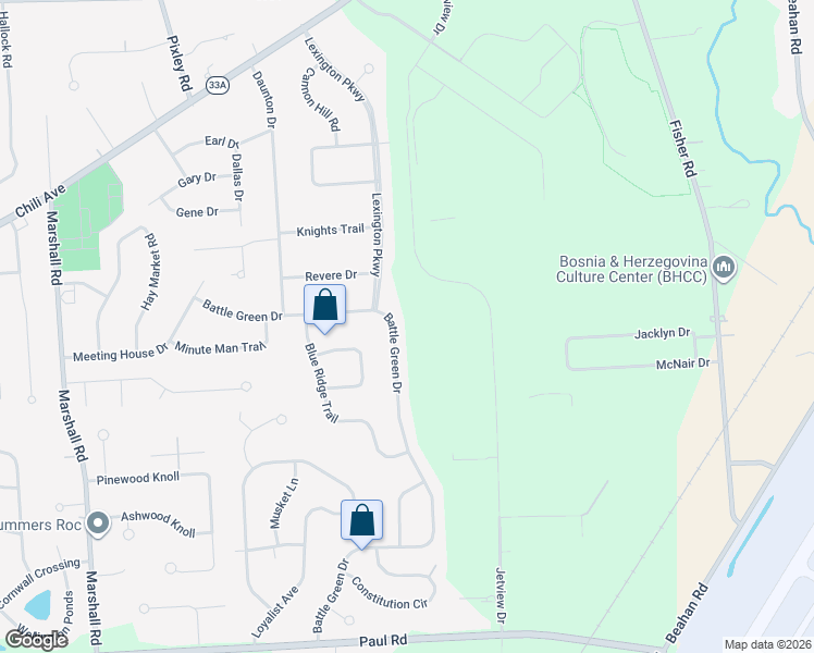 map of restaurants, bars, coffee shops, grocery stores, and more near 48 Battle Green Drive in Rochester