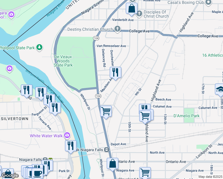 map of restaurants, bars, coffee shops, grocery stores, and more near 2850 McKoon Avenue in Niagara Falls