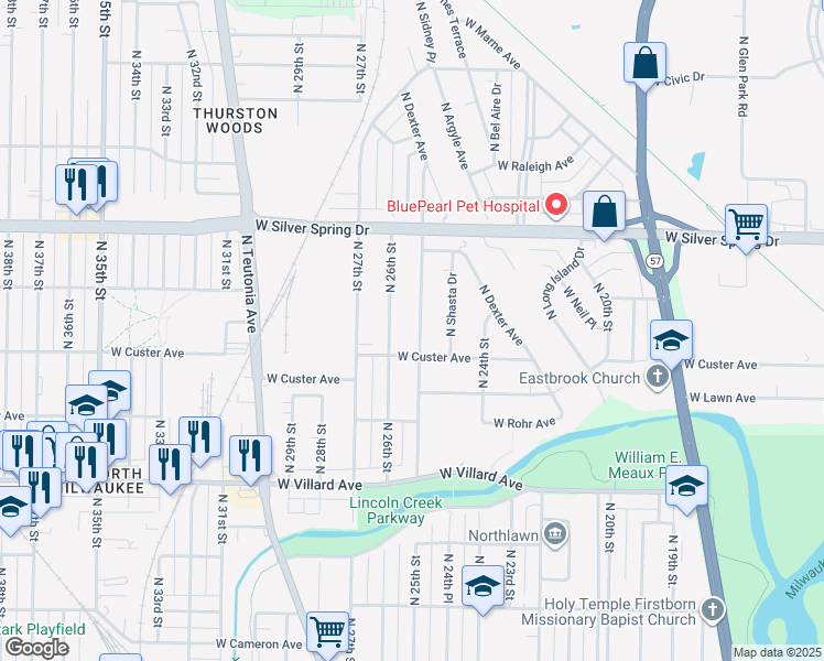 map of restaurants, bars, coffee shops, grocery stores, and more near 5422 North Bethmaur Lane in Glendale