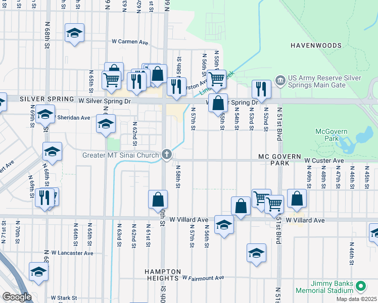 map of restaurants, bars, coffee shops, grocery stores, and more near 5700 West Custer Avenue in Milwaukee