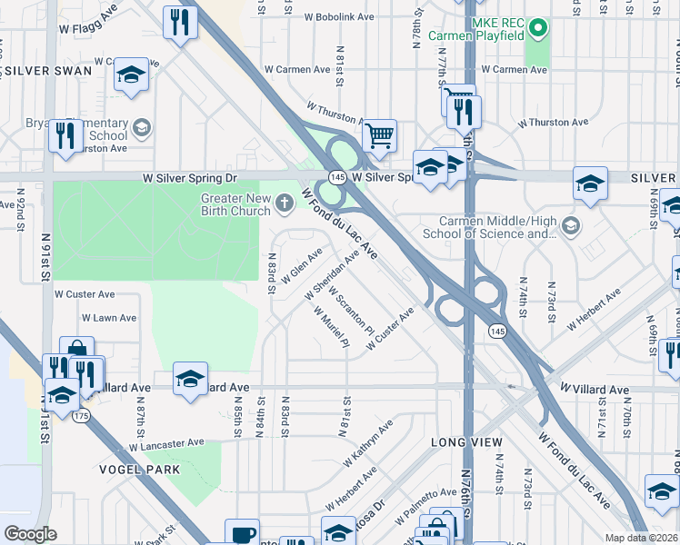 map of restaurants, bars, coffee shops, grocery stores, and more near 8156 West Scranton Place in Milwaukee