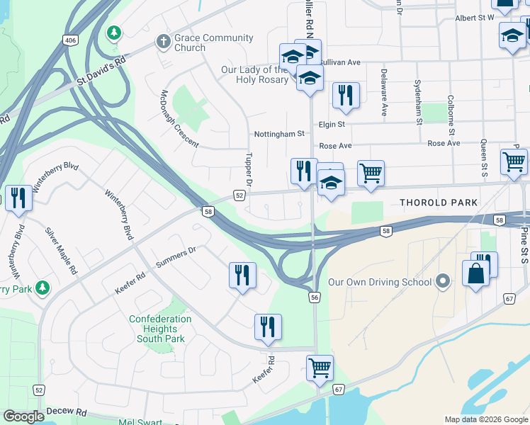 map of restaurants, bars, coffee shops, grocery stores, and more near 30 Romy Crescent in Thorold