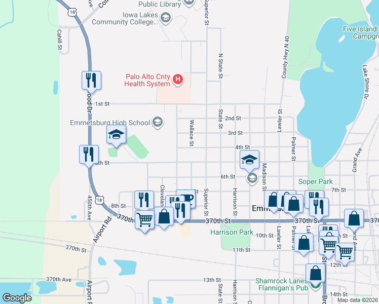map of restaurants, bars, coffee shops, grocery stores, and more near 3101-3199 5th Street in Emmetsburg
