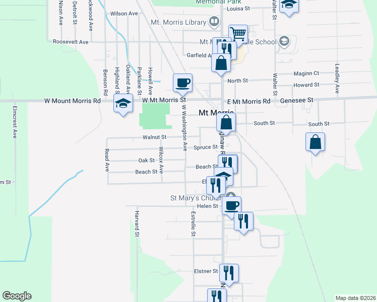 map of restaurants, bars, coffee shops, grocery stores, and more near 11444 Washington Avenue in Mount Morris