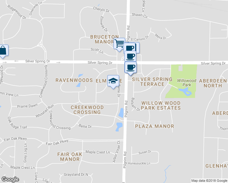 map of restaurants, bars, coffee shops, grocery stores, and more near W156N5429 Bette Drive in Menomonee Falls