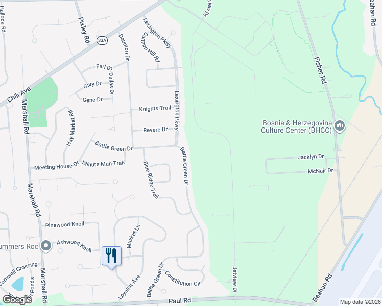 map of restaurants, bars, coffee shops, grocery stores, and more near 48 Battle Green Drive in Rochester