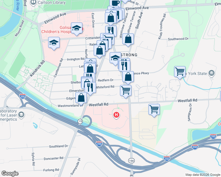 map of restaurants, bars, coffee shops, grocery stores, and more near 91 Whiteford Road in Rochester