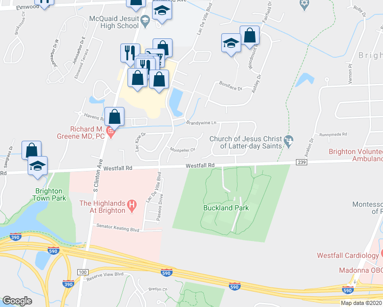map of restaurants, bars, coffee shops, grocery stores, and more near 12 Montreal Place in Rochester