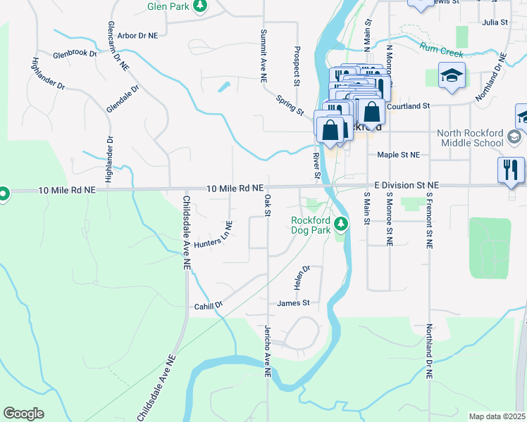 map of restaurants, bars, coffee shops, grocery stores, and more near 19 Rollingwood Drive in Rockford