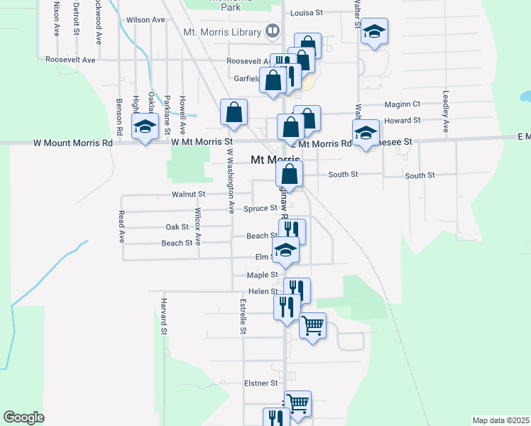 map of restaurants, bars, coffee shops, grocery stores, and more near 666 Spruce Street in Mount Morris