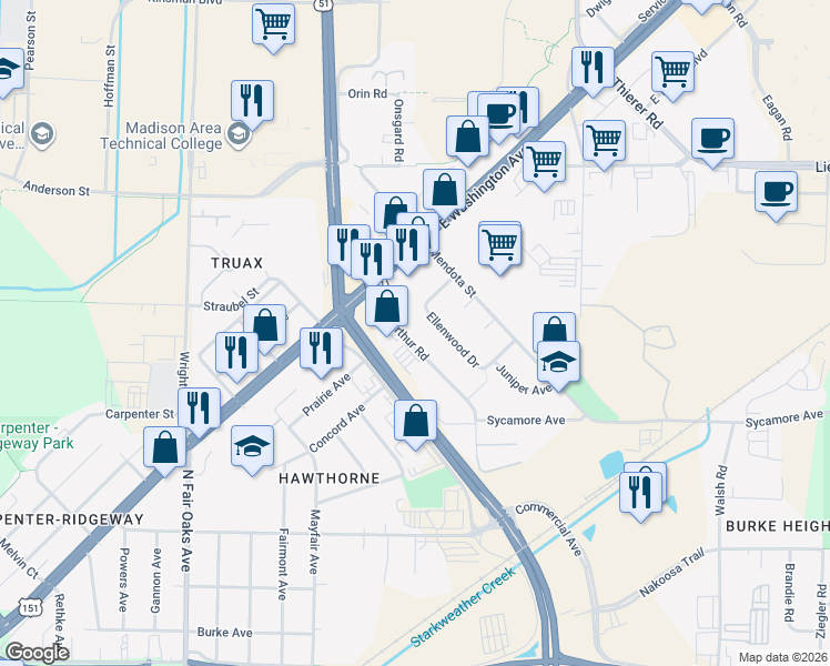 map of restaurants, bars, coffee shops, grocery stores, and more near 1425 Mac Arthur Road in Madison