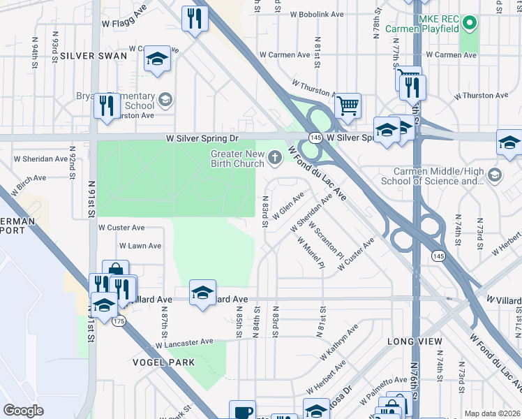 map of restaurants, bars, coffee shops, grocery stores, and more near 5419 North 83rd Street in Milwaukee