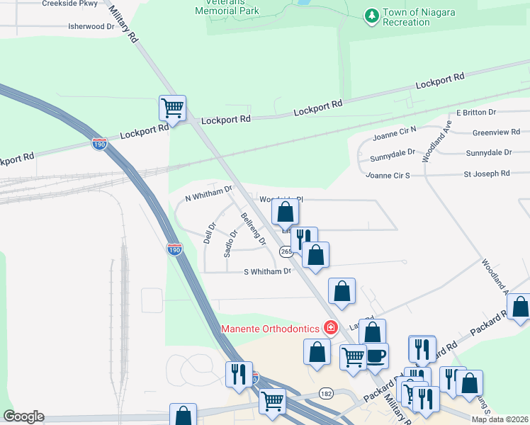map of restaurants, bars, coffee shops, grocery stores, and more near 3225 Military Road in Niagara Falls