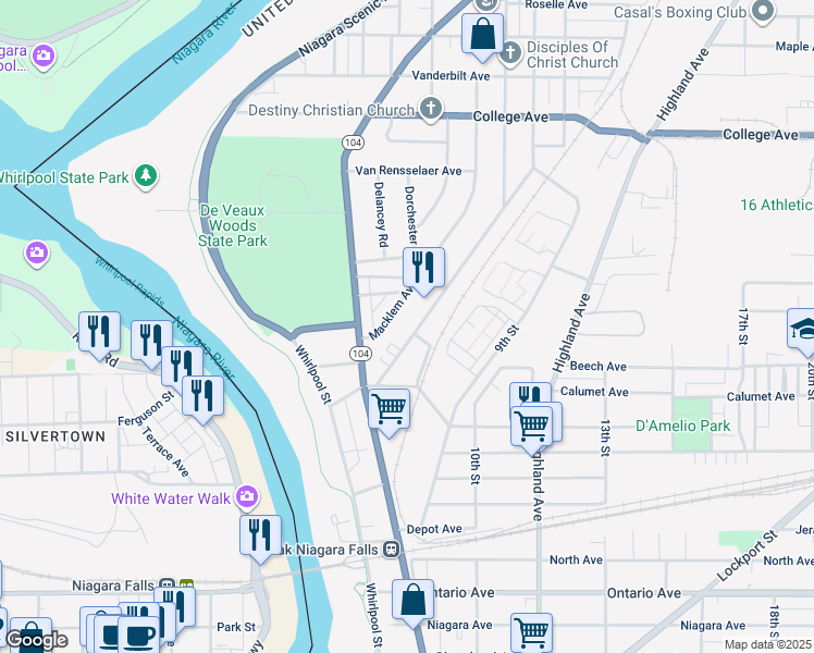 map of restaurants, bars, coffee shops, grocery stores, and more near 2850 McKoon Avenue in Niagara Falls
