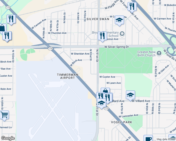 map of restaurants, bars, coffee shops, grocery stores, and more near 5403 North 92nd Street in Milwaukee