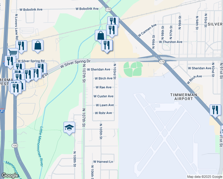 map of restaurants, bars, coffee shops, grocery stores, and more near 10412 West Custer Avenue in Milwaukee