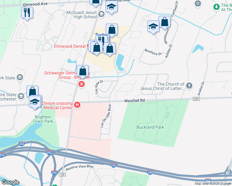 map of restaurants, bars, coffee shops, grocery stores, and more near 3 Neville Lane in Rochester