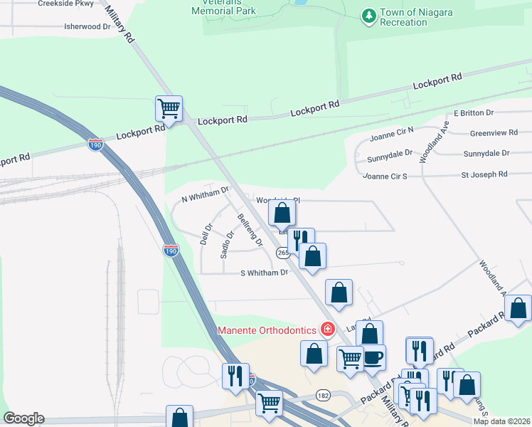 map of restaurants, bars, coffee shops, grocery stores, and more near 3225 Military Road in Niagara Falls