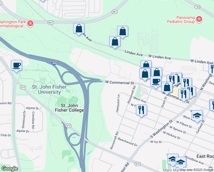 map of restaurants, bars, coffee shops, grocery stores, and more near 50 Harwood Lane in East Rochester