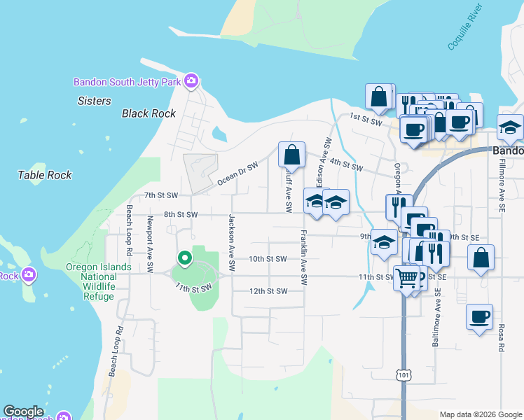 map of restaurants, bars, coffee shops, grocery stores, and more near in Bandon