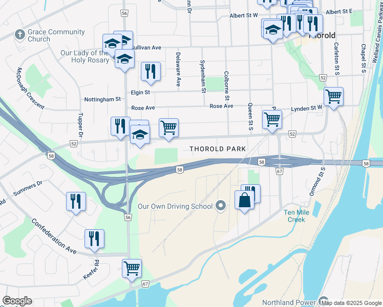 map of restaurants, bars, coffee shops, grocery stores, and more near 59 Bolton Avenue in Thorold