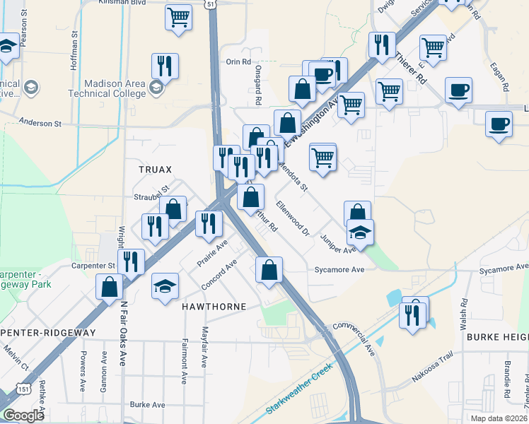 map of restaurants, bars, coffee shops, grocery stores, and more near 1425 Mac Arthur Road in Madison