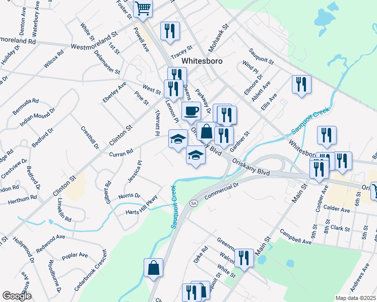 map of restaurants, bars, coffee shops, grocery stores, and more near 75 Oriskany Boulevard in Whitesboro