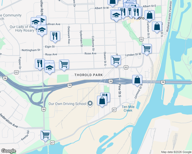 map of restaurants, bars, coffee shops, grocery stores, and more near 15 Bolton Avenue in Thorold